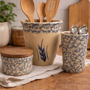 Vintage Roseville Spongeware Kitchen Set w/ Utensil Holders w/Jar Lid Stoneware